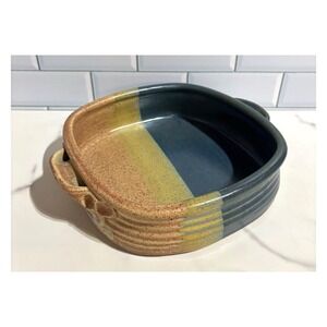 Studio Pottery Handcrafted Square Casserole Dish Blue Yellow Glazed Stoneware